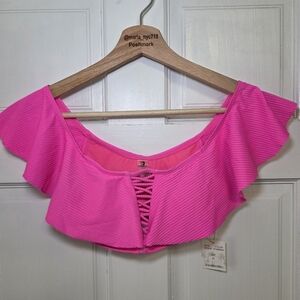 Tinibikini Off The Shoulder Bikini Top W/Ruffles- Sz XS Hot Bubblegum Pink NWT